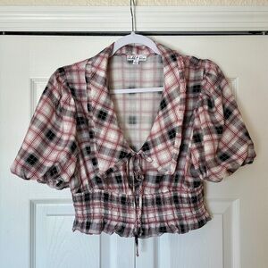 Rabbit Rose Crop Top Women’s L Pink Plaid Smocked Cottagecore Coquette Boho